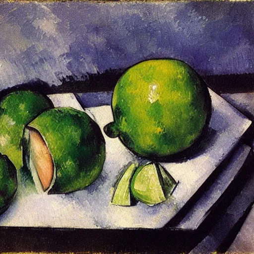 Image similar to painting of an ice cube and a lime slice in dark background, by Paul Cézanne.