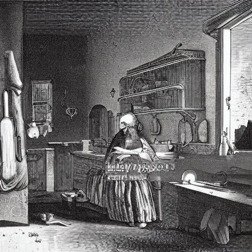 Prompt: kitchen of an abandonded house, illustration by Gustav Doré