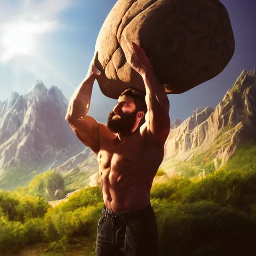 Image similar to a man holding a boulder over his head, backlit, fantasy art, bulging veins, long beard, red hair, mountains in the background