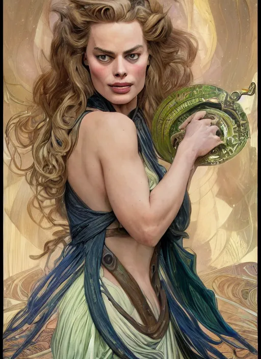 Prompt: Margot Robbie as God of Mischief, brutal, epic, intricate, elegant, highly detailed, digital painting, 4k, HDR, concept art, smooth, sharp focus, illustration, art by alphonse mucha,artgerm, H R Giger