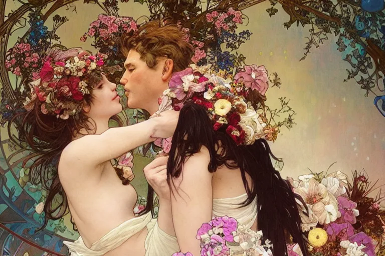 Image similar to the groom kisses the bride at a wedding full of flowers, bright and happy, dreamlike art, highly detail, 4 k realistic, wedding photoy krenz cushart. artem demura. alphonse mucha. yoji shinkawa artgerm. jon lothian. danilo torres. adi meyers. thomas reimann. gaston bussiere.