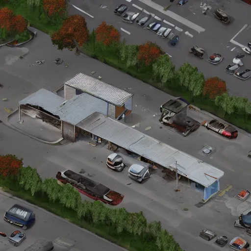 Image similar to top down aerial view of dilapidated gas - station with supermarket and shopping street in real life, desolate with zombies, dilapidated, zombies in the streets, nightmarish, some rusted style parked vehicles, sunny weather, few clouds, volumetric lighting, photorealistic, daytime, autumn, sharp focus, ultra detailed, cgsociety