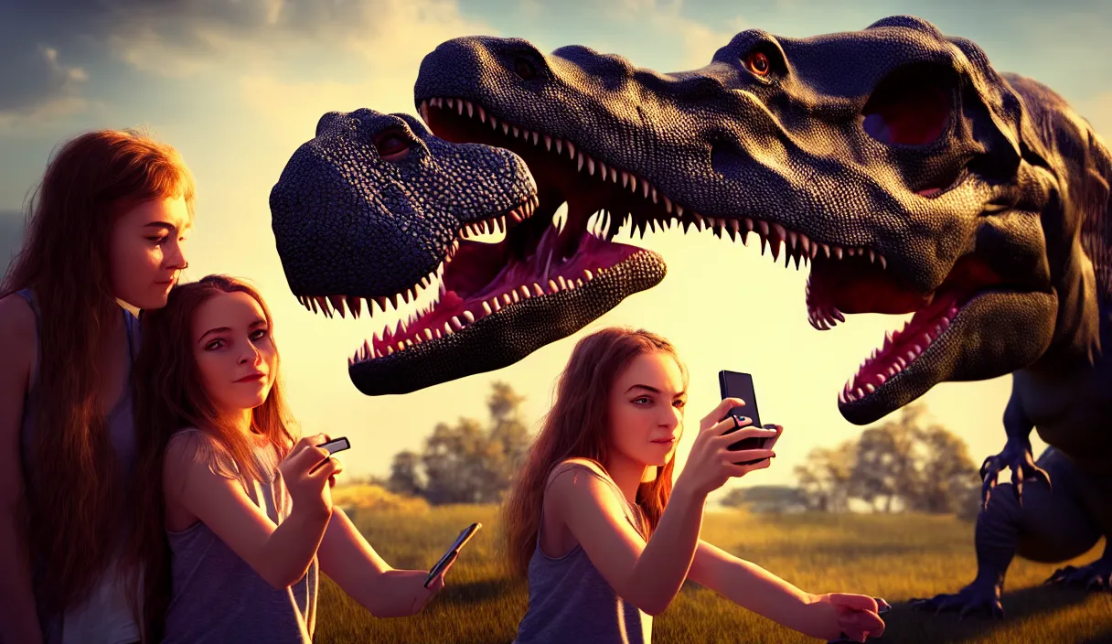 Image similar to portrait of a girl making selfie with her beloved tyrannosaurus, high detail, raytracing, back light, digital art, raymarching, by zdenek burian