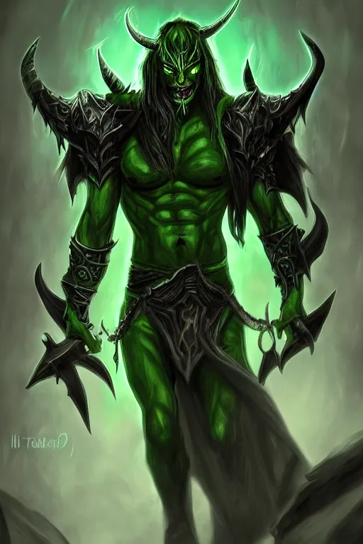 Image similar to illidan the elf demon hunter with band that cover his eyes with demon wings from world of warcraft with background digital painting trending on artstation