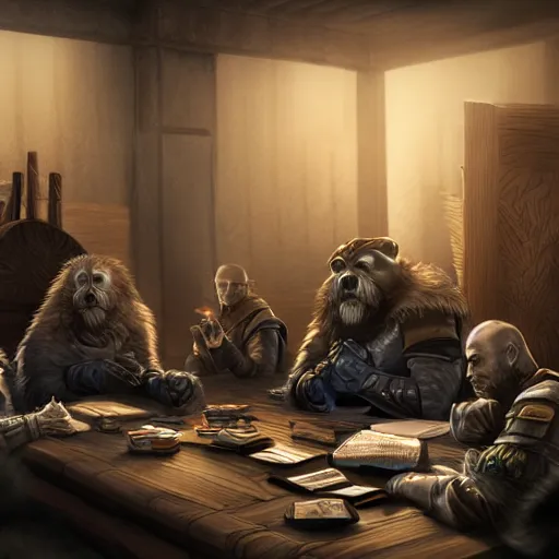 Image similar to a group of seals sitting around a table, playing dnd, cinematic lighting, trending on artstation, focused, detailed