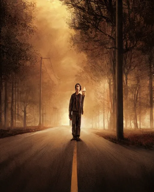 Image similar to concept illustration from the'0 0 s supernatural thriller'road gospel ', a high quality high detail digital matte painting by david mattingly and samuel araya and tim jacobus and michael whelan, hd 4 k 8 k, realistic details, photorealistic lighting, modern speculative horror aesthetic, composition and scene layout inspired by gregory crewdson and brendon burton.