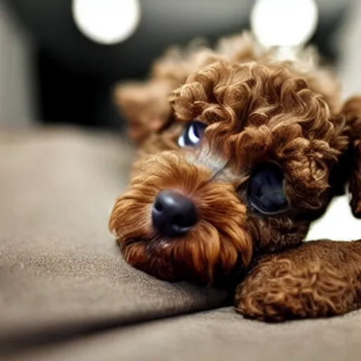 Prompt: light brown teacup poodle tongue on nose, licking its nose