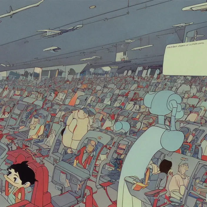 Prompt: close up of human airplane watching a screen with flight information. painting by moebius, miyazaki, cartoon network