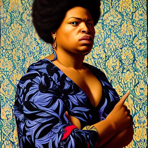 Image similar to A portrait of a thick powerful and pretty non-binary person, oil painting by Kehinde Wiley, majestic, detailed, high resolution