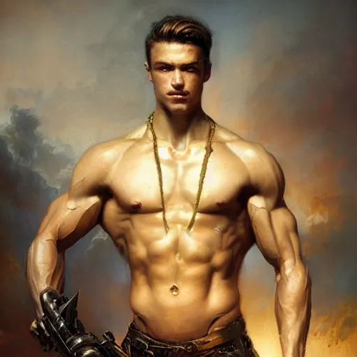 Image similar to handsome portrait of a young guy fitness posing, war hero, flexing abs, radiant light, caustics, by gaston bussiere, bayard wu, greg rutkowski, giger, maxim verehin