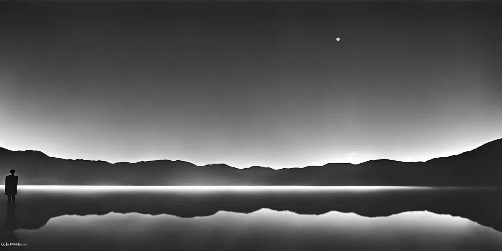 Prompt: amazing landscape photo of lake at night by Charlie Waite, film still of a man wearing tuxedo standing on the lake, beautiful dramatic lighting, surrealism, sharp, smooth, detailed