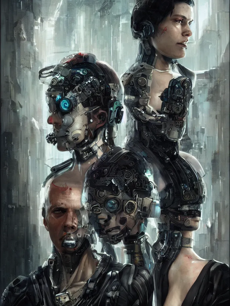 Image similar to a cyberpunk longshot portrait of two gorgeous cyborgs with hard white plastic, in the movie Girl With The Dragon Tattoo, award-winning, masterpiece, in the style of Tom Bagshaw, Cedric Peyravernay, Peter Mohrbacher