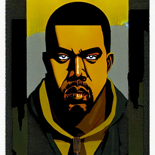 Prompt: professionally drawn seinen mature cyberpunk kanye west horror action manga comic cover, dramatic, beautifully drawn coherent professional, drawn by ilya kuvshinov, ilya kuvshinov, satoshi kon, kentaro miura, dave mckean, tsutomu nihei. japanese script kanji hiragana on the cover. minimalist stylized cover art. yellow purple cel shaded