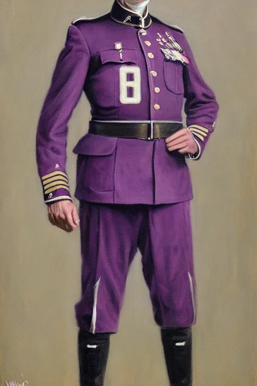 Image similar to full body portrait of the dictator of the sacramento kings, 1 8 8 9, in full military garb, purple, silver, oil on canvas by william sidney mount, trending on artstation