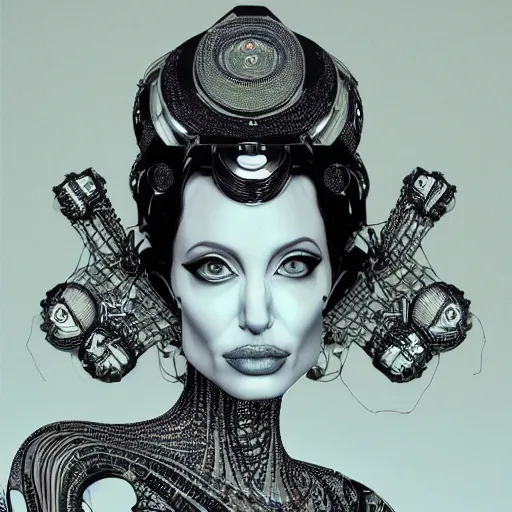 Prompt: the portrait of an absurdly elegant, sophisticated, fashionable ottomanpunk robotess idol, an ultrafine hyperdetailed illustration of angelina jolie by kim jisu, intricate linework, neon wiring, electronics, porcelain skin, unreal engine 5 highly rendered, global illumination, radiant light, detailed and intricate environment, by rutkowski, artgerm, marvel comics