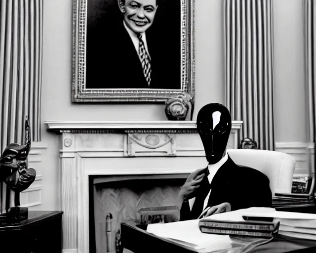 Image similar to a b-move alien lizard man wearing a suit, in the oval office, 1951, early black and white photo, cdx