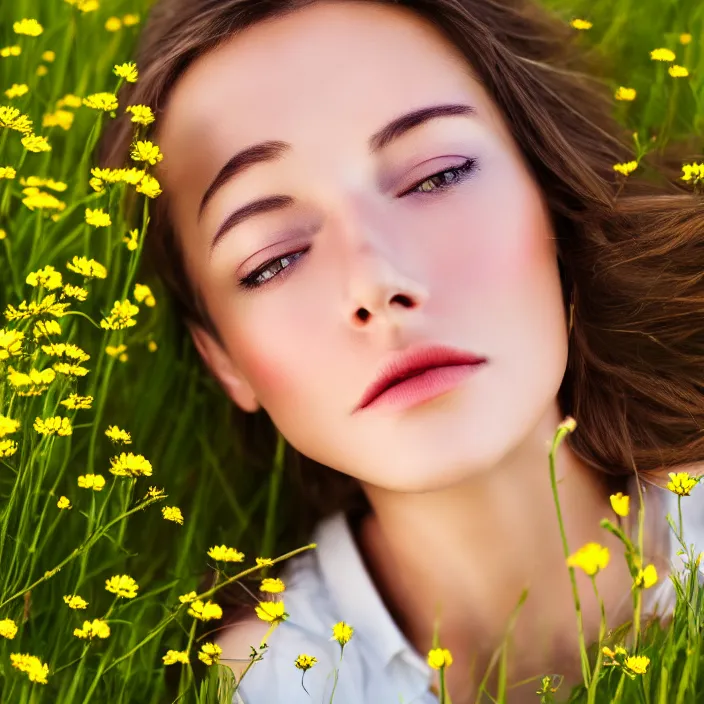 Prompt: photo of a very beautiful!! woman in an endless heavenly meadow, close up, 8 k, hdr, smooth, high resolution, award - winning photo, dslr, 3 5 mm