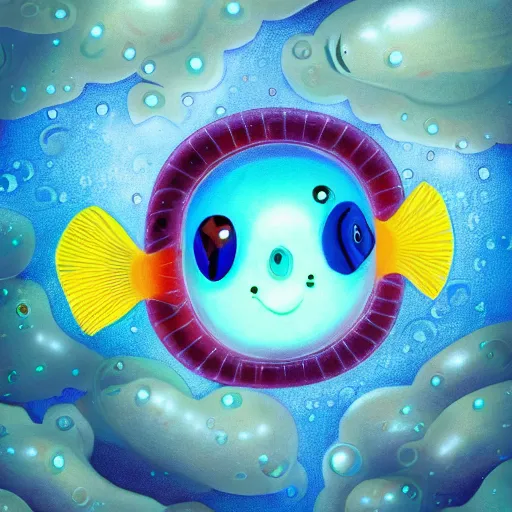 Image similar to large adorable bubble fish, underwater, magical ocean, bubbles, bioluminescent, artstation, illustration