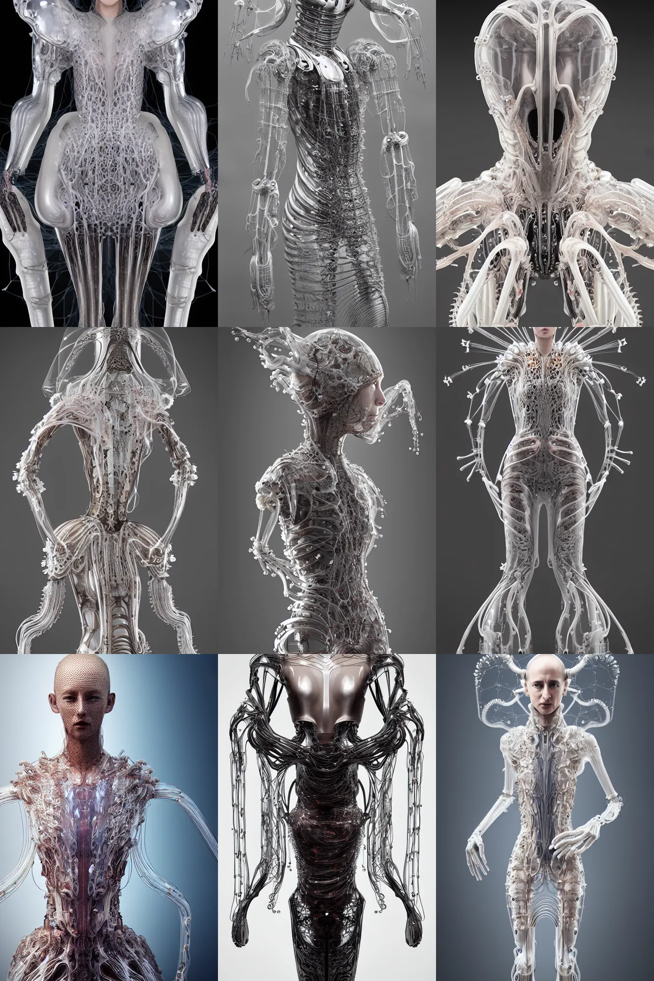 Prompt: iris van herpen baroque magnificent dress, perfect symmetrical, helmet on face, full body shot, inflateble shapes, wires, tubes, veins, jellyfish, white biomechanical details, wearing epic bionic implants, masterpiece, intricate, biopunk, vogue, highly detailed, artstation, concept art, cyberpunk, octane render