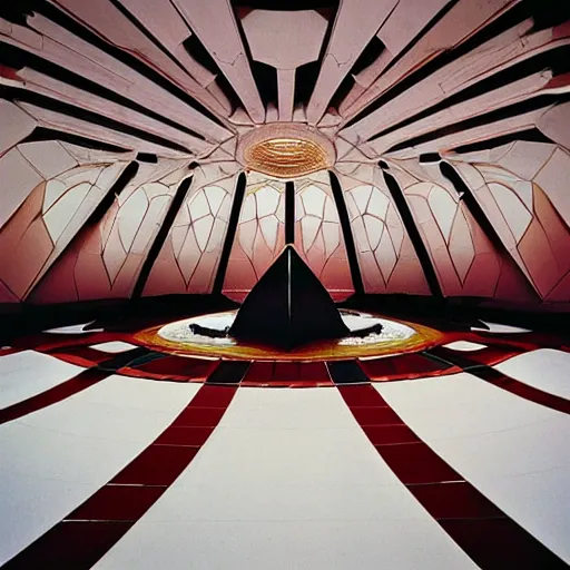 Image similar to interior of a futuristic lotus temple space station with gold, red and white marble panels, by buckminster fuller and syd mead, intricate contemporary architecture, photo journalism, photography, cinematic, national geographic photoshoot