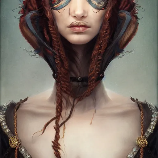 Image similar to tom bagshaw portrait, very beautiful pirate in a full dress and long thin lustrous auburn hair, curiosities, professionally retouched, focus eyes, ultra realistic soft painting, insanely detailed linework, symmetrical accurate intricate features, behance, 8 k