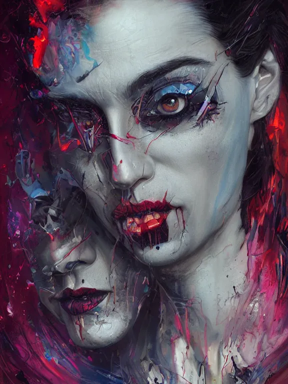 Prompt: art portrait of a vampire ,8k,by tristan eaton,Stanley Artgermm,Tom Bagshaw,Greg Rutkowski,Carne Griffiths,trending on DeviantArt,face enhance,hyper detailed,minimalist,cybernetic, android, blade runner,full of colour,