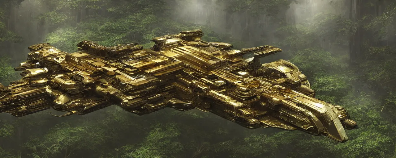 Prompt: a large futuristic scientific flying steampunk battleship elegant, smooth, ornate with gold trimmings, by Craig Mullins and Scott Robertson large steampunk space port inside a lush rainforest background by Dylan Cole and federico pelat cinematic dappled lighting, hyper detailed hyper detailed, 8k, ultra realistic, cinematic lighting, ultra wide 35mm lens