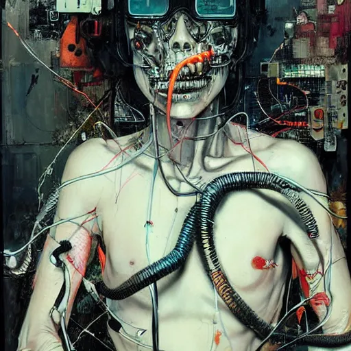 Image similar to a male cyberpunk hacker, skulls, wires cybernetic implants, machine noir dieselpunk grimcore, in the style of adrian ghenie esao andrews jenny saville surrealism dark art by james jean takato yamamoto and by ashley wood