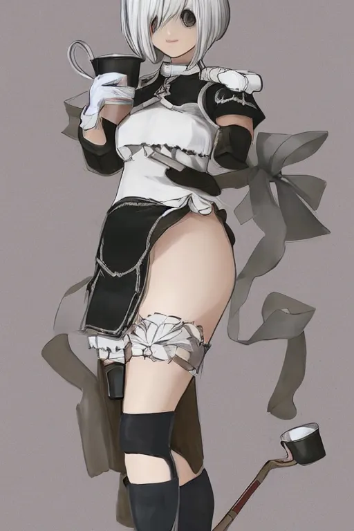 Image similar to Concept art of 2B from Nier Automata wearing a tartan miniskirt and holding a cup of tea