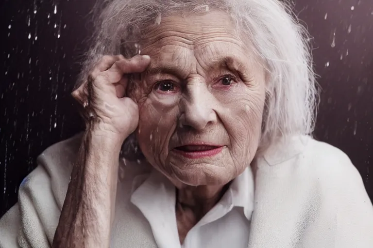 Image similar to a realistic cinematic headshot portrait of an old woman, wearing futuristic white suit in a skyscaper office, 4 k, ultra realistic, dramatic lighting, rain, clouds, fog, vogue, fashion, magazine spread, by annie leibovitz