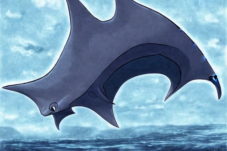 Prompt: cell shaded cartoon of a giant lovecraftian mechanized grey manta ray from howl's moving castle ( 2 0 0 4 ), in an icy river, full body, wide shot, very muted colors, post grunge, studio ghibli, highly detailed, deviantart, art by artgem