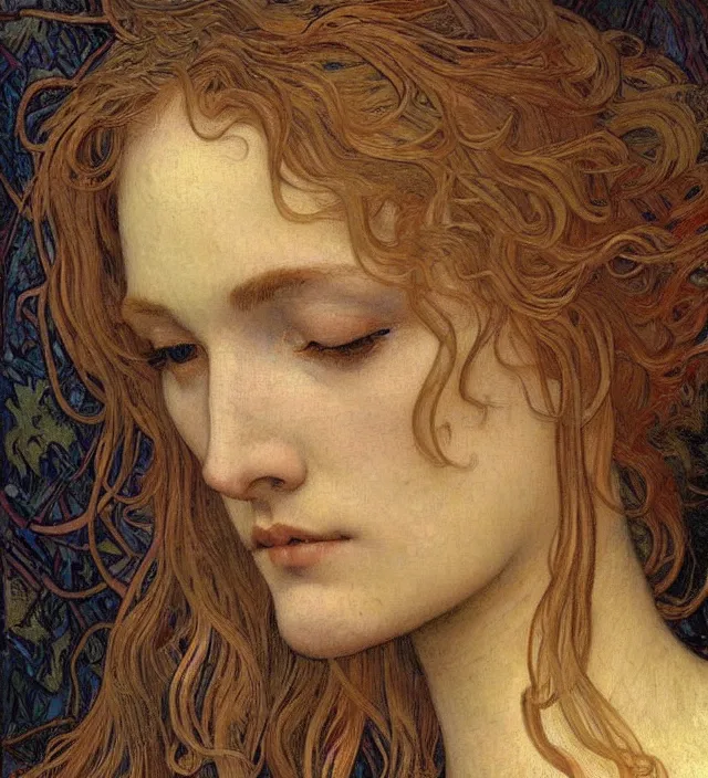 Image similar to detailed realistic beautiful young medieval queen face portrait by jean delville, alphonse mucha, vincent van gogh, and marco mazzoni, art nouveau, symbolist, visionary, gothic, pre - raphaelite