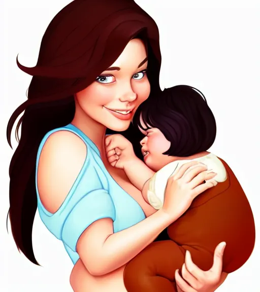 Image similar to a mother with short shoulder length dark auburn hair, short and curvy and a slightly chubby face holding her infant son with short brown hair full color digital illustration in the style of don bluth, artgerm, artstation trending, 4 k