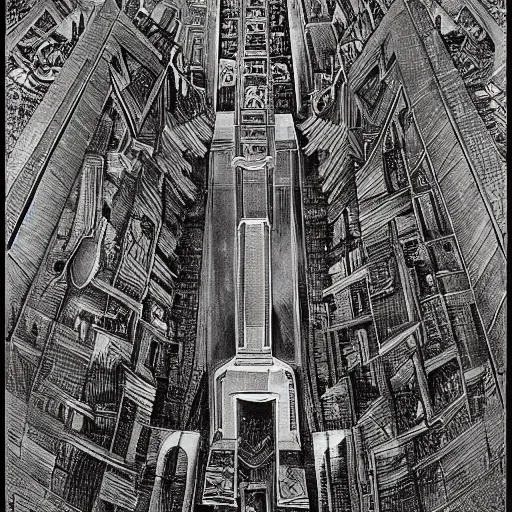 Image similar to A beautiful illustration. I was born in a house with a million rooms, built on a small, airless world on the edge of an empire of light and commerce. overhead view by Ernst Fuchs, by Tony Moore monumental, cosy