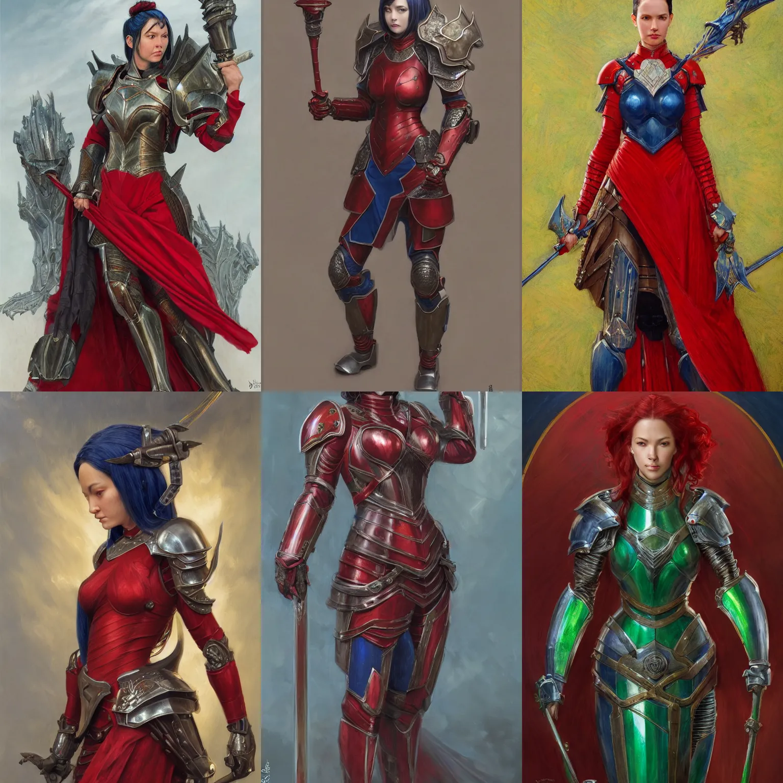 Prompt: Lady in Red armor, Dark blue hair, light brown skin, green eyes, practical armor, ornamental, symmetry, by donato giancola, by RossDraws, by leng jun, matte painting, D&D, high fantasy, full body picture, no extra limbs, no extra character, trending on artstation artstationHQ, artstationHD, octane, cgsociety