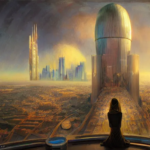 Image similar to detailed face of an arabic woman, tectonic cityscape, skydome, reactor, utopian, wet reflections, prism, atmospheric, ambient, pj crook, syd mead, livia prima, artgerm, greg rutkowski, nick alm, casey baugh