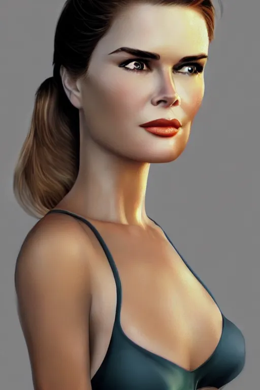 Prompt: mix of beautiful young maria shriver, mariel hemmingway, brooke shields, nicole kidman and elle macpherson as a young bikini model, thin lips, hair tied up in a pony tail, dark blonde hair, colorful, artstation, cgsociety