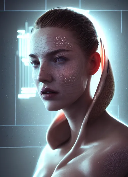 Prompt: 3 / 4 portrait, emma thorpe, crown, transparent skin, futuristic clothing, visible muscle, id magazine, hyperrealism, detailed textures, photorealistic, 3 d cyberpunk apocalyptic city, ultra realistic, cinematic, intricate, cinematic light, unreal engine 8 k, octane render, unreal engine, david kostic, artgerm