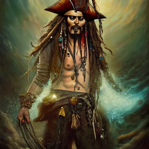 Image similar to a hyperrealistic illustration of Captain Jack Sparrow as Davy Jones, Pirates of the Caribbean Ship with fractal sunlight, award-winning, masterpiece, in the style of Tom Bagshaw, Cedric Peyravernay, Peter Mohrbacher