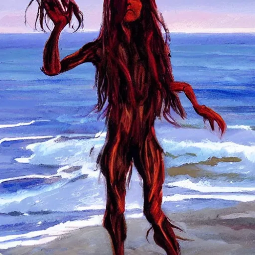 Image similar to improvisational by steve henderson. a beautiful print of a human - like creature with long, stringy hair. the figure has no eyes, only a mouth with long, sharp teeth. the creature is standing on a cliff overlooking a dark, foreboding sea.