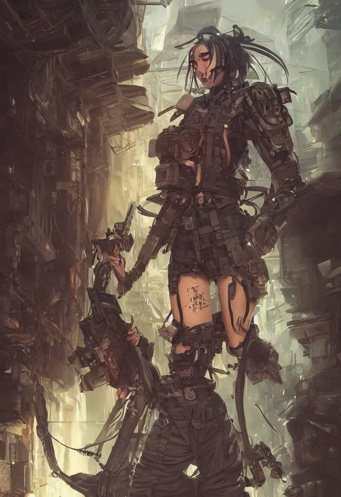 Image similar to Beautiful science fiction warrior princess full body portrait, set in post apocalyptic Tokyo alleyway, glorious sunlight, colors and shadows, D&D, fantasy, highly detailed, digital painting, artstation, concept art, sharp focus, illustration, in style of Artgerm and KyuYong Eom and Mansik Yang and WLOP and Greg Rutkowski and Paul Chadeisson