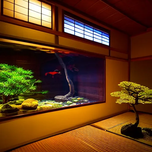 Image similar to photographed by Frans Lanting of the inside of a dimly lit cozy dark wooden Japanese house with a indoor koi pond at night raining, bonsai trees, fireflies, wild flowers, raining, night