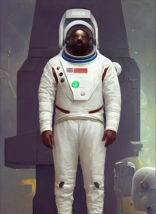 Image similar to Stephen McKinley Henderson in space suit futurism as thufir hawat, human computer, VR headset, cyber augmentation implant, digital art from artstation by Ruan Jia and Mandy Jurgens and Artgerm and william-adolphe bouguereau