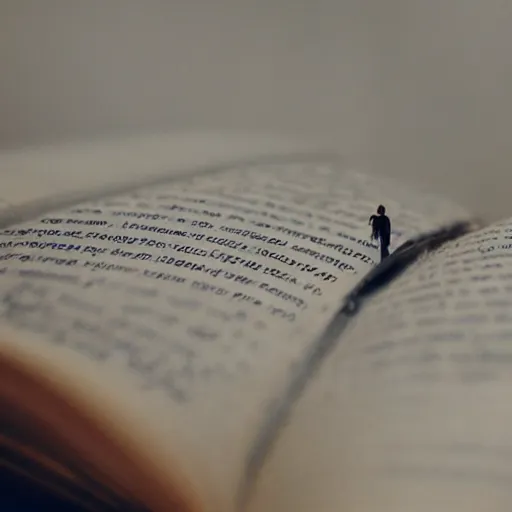 Prompt: open book with a miniature world growing on the pages