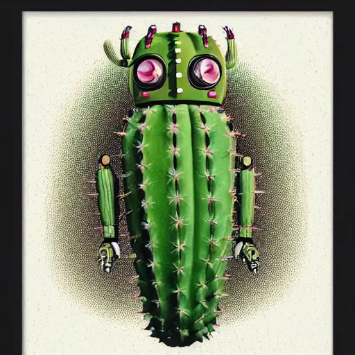 Prompt: extreme wide shot of a 1950s retro Cactus robot, with space above the head. full body framed. Bionic Arms and eyes. pop surrealism, poster art, muted colours. by Jean-Baptiste Monge, wide shot