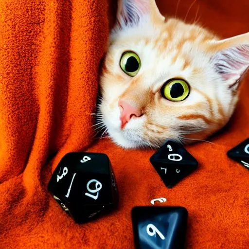 Image similar to Adorable orange tabby cat, the cat is wearing black gaming headphones, lying on a fuzzy blanket, polyhedral dice are next to the cat, in a sunbeam, Pixar, cozy, golden hour