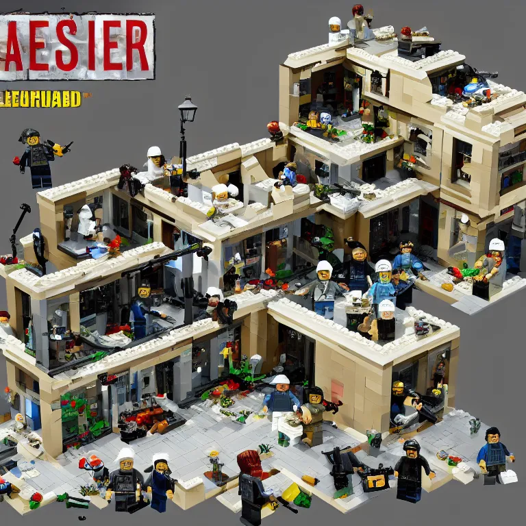 Image similar to fbi raid osama bin laden's final hideout in abbottabad, pakistan lego set product marketing, photorealistic, studio lighting, highly detailed