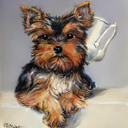 Prompt: teacup yorkshire terrier sitting on throne, surrounded by many mouses, portrait art by donato giancola and greg rutkowski, realistic face, digital art, trending on artstation, symmetry