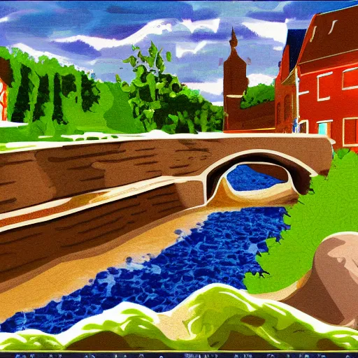 Prompt: digital art painting of a river running through a european town, very mediocre, not detailed at all.