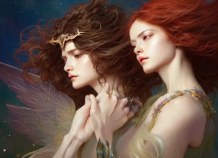 Image similar to portrait of 3 women with flowy hair, wings, confident pose, pixie, genshin impact, intricate, elegant, sharp focus, soft bokeh, illustration, highly detailed, concept art, matte, trending on artstation, bright colors, art by wlop and artgerm and greg rutkowski, mucha, giger, marvel comics